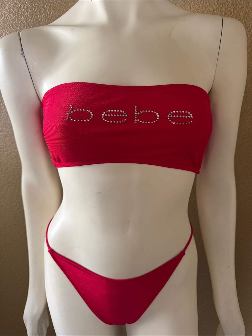 bebe Red Rhinestone Logo Bandeau Bikini